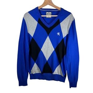 Y2k Express Men's Blue Argyle V Neck Sweater Size‎ Medium Cotton Lion Logo